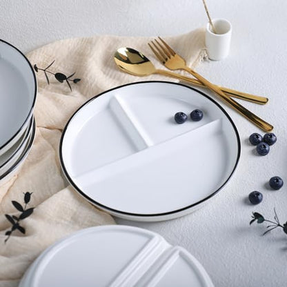 SOCOSY Ceramic 3-Compartment Portion Control Plate Divided Dish Platters, Divided Dessert Plate Salad Plate Dinner Plate Snack Dishes, Appetizer Serving Trays, 1 PCS-White-8 Inch - color: White