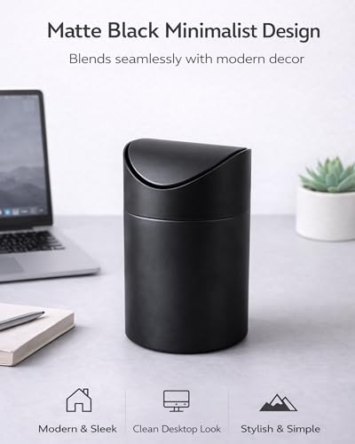 Small Mini Trash Can with Lid, Matte Black Tabletop Garbage Can, Tiny Countertop Trash Can for Coffee Bar & Office Desk, Premium Metal Swing Top Waste Bin for Makeup Vanity, 1.5 L/0.40 Gal (Black) - color: Black