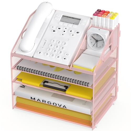 Letter Tray Paper, 5 Tier Desk Organizer with Pen Holder and Handle, Mesh File Organizer Paper Sorter Metal Desktop Document Shelf for Office Home Classroom - Pink - color: 5 Tier-pink