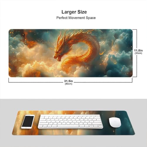Fantasy Dragon Gaming Mouse Pad Desk Pad 31.5 x 11.8 Inch Flying Auspicious Clouds Flames Large Gaming Mouse Mat with Stitched Edges,Non-Slip Waterproof Rubber Base Mous Mat - color: Fantasy Dragon, size: 11.8W x 31.5L inches