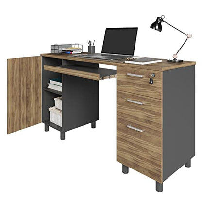Modern Design Venice Computer Desk with Lockable Drawers, 53 Inch Home Office Desk with Storage Cabinet, Keyboard Tray & Cable Management, Modern Study Writing Desk for Small Spaces, Walnut and Black - color: Walnut Black
