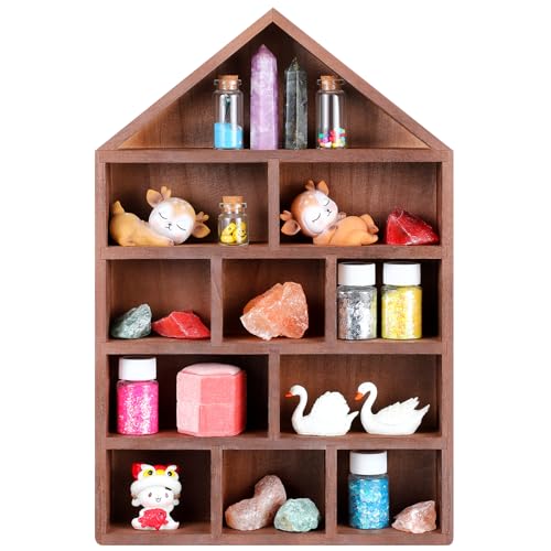 Threehoney House Shaped Wooden Shadow Cubby Box 10 W x 2 1/4 D x 15 H Hanging Display Shelf Organizer Wall Mounted Curio Cabinet Wooden Display Case Miniature Shelf for Figures (Brown) - color: Brown