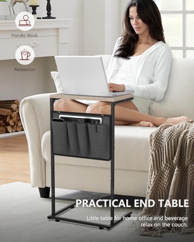 Vantic C Shaped End Table, Small Side Table for Couch and Recliner, Slide Under Sofa Tray Desk with Storage Bag for Living Room and Bedroom, Greige - color: Greige