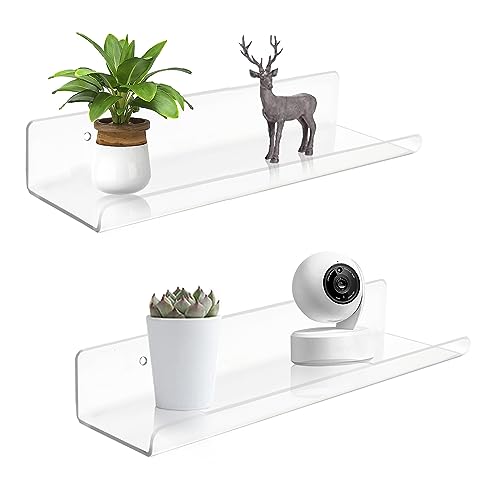 ROYALITA Small Acrylic Shelves Wall Mounted | Set of 2 | 12 Inches | Wall Hanging Plant Display Shelves, Room Decor Floating Wall Shelves for Gaming Room Bedroom, Living Room, Office, Clear - color: Clear, size: 12 Inch