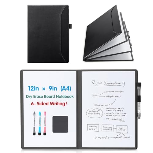 CoBak 6 Sides Portable White Board 12x9 inch (A4) - Notebook Design Dry Erase Small Board with Pocket and 3 Markers, Anti-Ghosting Surface for Office, School, Homeschool with Gift Box (Black) - color: Black, size: 12" X 9" X 6 Sides