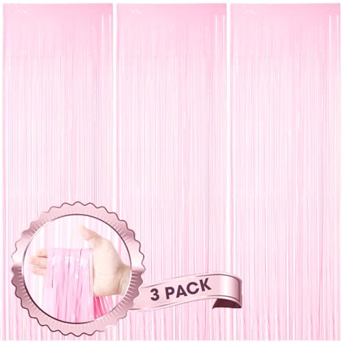 Voircoloria 3 Pack 3.3 x 8.2 ft Pasel Pink Foil Fringe Backdrop Curtains, Tinsel Streamers Birthday Party Decorations, Fringe Backdrop for Graduation, Baby Shower, Gender Reveal, Disco Party - color: 04 Pastel Pink