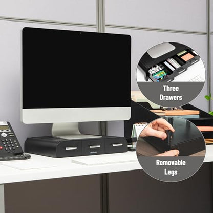 Mind Reader Monitor Stand, Laptop Riser, Desktop Organizer, Storage Drawer, Office, Plastic, 13.5"L x 13"W x 4"H, Black - size: 1 Pack