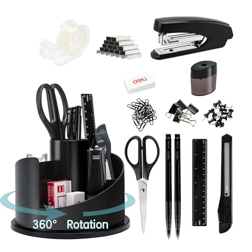 deli Office Supplies Set, 1045 Pcs-Desk Accessory Organizer Kit, Stapler Set, Rotating Multi-Functional Pen Holder, Tape Dispenser, Pens, Binder Clips, Sharpener, Scissor, Eraser, Black - color: Black
