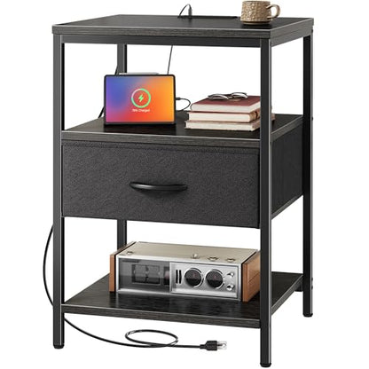 SUPERJARE Night Stand with Charger Station, 27.7 Inch Tall Nightstand with Adjustable Fabric Drawer, Bed Side Table, Fabric Drawer Dresser for Bedroom, Living Room, Black - color: Black, size: L (15.7"D x 17.7"W x 27.7"H)