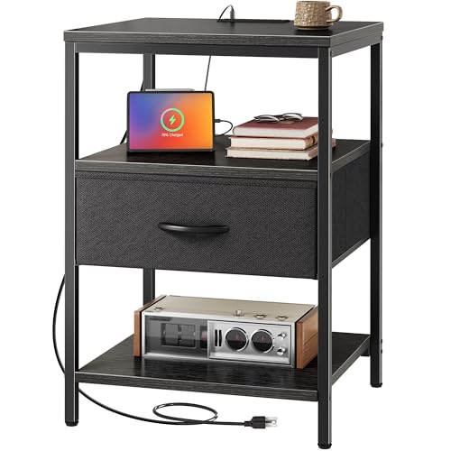 SUPERJARE Night Stand with Charger Station, 27.7 Inch Tall Nightstand with Adjustable Fabric Drawer, Bed Side Table, Fabric Drawer Dresser for Bedroom, Living Room, Black - color: Black, size: L (15.7"D x 17.7"W x 27.7"H)