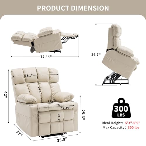 Power Dual Motor Lift Recliner Chair with Massage & Heat Adjustable Headrest, Reclining Home Theater Seating, Single Sofa with USB/Type C/Cup Holders/Side Pocket (Beige, 1 Seat) - color: Beige, size: 1 Seat