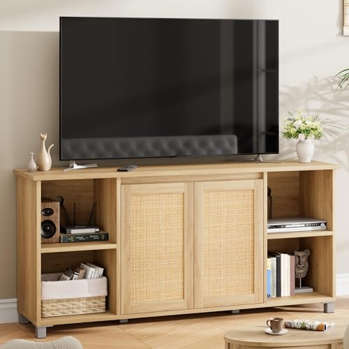 IDEALHOUSE Rattan TV Stand for 65" TVs, Natural Oak Media Console | Storage Cabinet & Adjustable Shelves, Boho Media Console, Natural Oak Finish, Rattan Doors, Living Room Bedroom - color: Natural