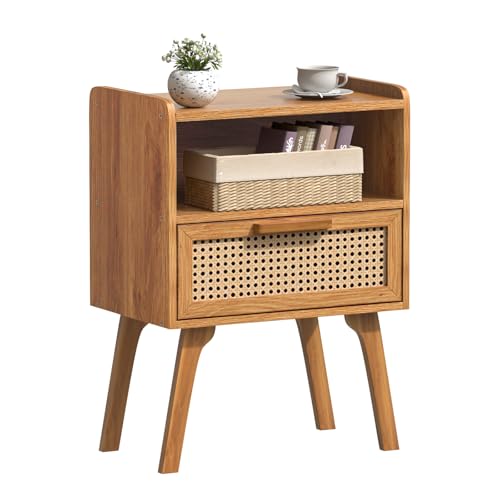 Lerliuo Rattan Nightstand, Side Table with Drawer Open Shelf, Cane Accent Bedside End Table with Solid Wood Legs, Mid Century Modern Night Stand for Bedroom, Dorm and Small Spaces (Tea Brown) - color: Tea Brown, size: 1 pack