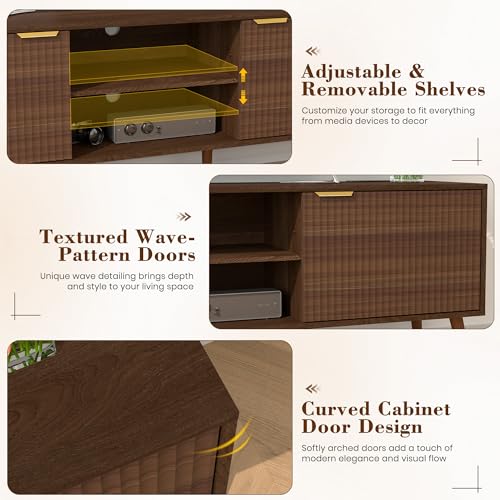 TV Stand for Living Room to 55/60/65/70 Inches, Mid Century Modern TV Consoles with Power Outlet, Entertainment Center with Door Cabinets and Open Shelves for Living Room, Bedroom, Walnut