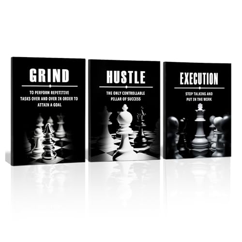 ZHIYANGY Motivational Wall Decor Grind Hustle Execution Wall Art, Inspirational Quotes Pictures Motivational Chess Posters for Living Room Bedroom, Office Decor, Gallery-Wrapped Canvas Art - color: 3P-Chess, size: 24 x 36 inch x 3pcs