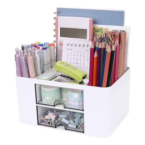 Meiikun Plastic Pen Organizer, Multifunctional Desk Organizer with 2 Drawers, 4 Compartments & a Top Tray, Pencil Holder Desktop Organizers and Accessories for Office, 7.7" x 5.5" x 3.9" (White) - color: 5 Compartments + 2 Drawer (White)