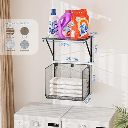 2 Pack Laundry Room Shelves Organization and Storage,Wall Mounted Clothes Drying Rack with Wire Mesh Basket Over Washer and Dryer, (Black, 2 Pack) - color: Black