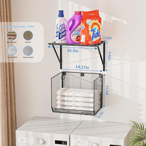 2 Pack Laundry Room Shelves Organization and Storage,Wall Mounted Clothes Drying Rack with Wire Mesh Basket Over Washer and Dryer, (Black, 2 Pack) - color: Black