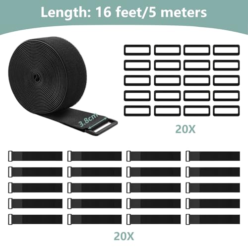 1.5In x 16Ft Cinch Straps Heavy Duty With 20 Buckles, Black Nylon Hook and Loop Straps, Reusable Long Cable Ties for Organizer or Storage - size: 1.5In x 16Ft