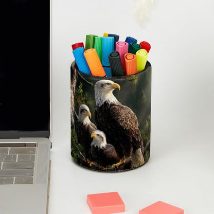 Eagle Family Pen Holder Pencil Organizer for Desk, 3.1” x 3.1” x 3.9” Pencil Cup Office Supplies, Large Capacity Cute Pen and Makeup Brush Holder for Desktop, Home, School - color: Eagle Family