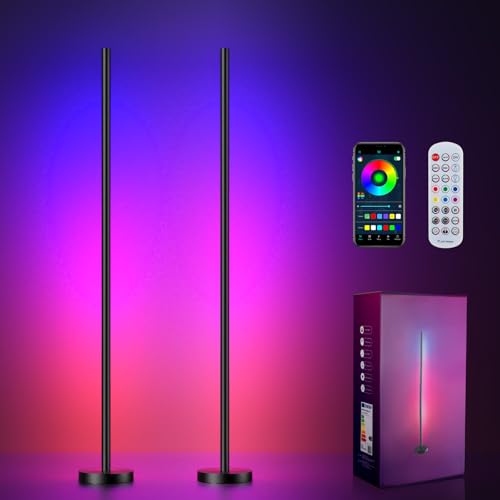 Corner Floor Lamp, 2 Pack LED Corner Lamp with App and Remote Control, RGBICW 16 Million DIY Colors & 68+ Scene, Music Sync, Color Changing Smart Ambient Light for Living Rooms, Bedrooms, Gaming Room - color: 2 Pack Black