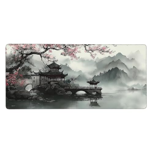 Extra Large Mouse Pad, Chinese Ink Wash Painting Design, 35.4x15.7 Inches, Gaming Keyboard Pad with Stitched Edges and Anti-Slip Rubber Base Plum Blossom - color: Ink plum blossoms