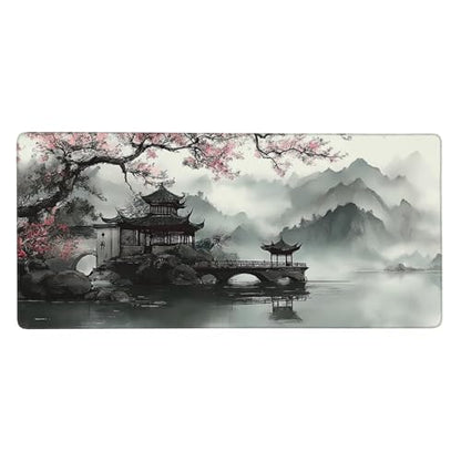 Extra Large Mouse Pad, Chinese Ink Wash Painting Design, 35.4x15.7 Inches, Gaming Keyboard Pad with Stitched Edges and Anti-Slip Rubber Base Plum Blossom - color: Ink plum blossoms