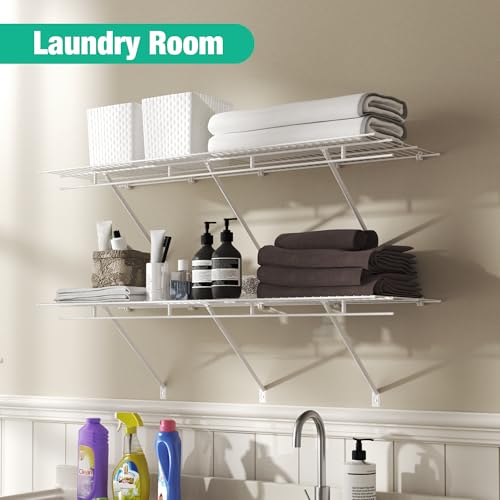 HAUSHOF Closet Shelves Wall Mounted 2-Pack, 4ft x 16in White Metal Wire Shelving for Laundry Room, Closet, Basement Organization and Storage - size: 4ft x 16in