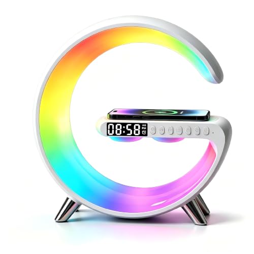 Smart LED Table Lamp,4-in-1 Wireless Charger with Speaker,Night Light, Alarm Clock, and Bluetooth Speaker with App Control, Ideal Gifts for Home, Office, Christmas(White) - color: White