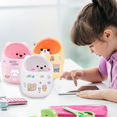 Cute Desktop Tiny Trash Can with Flip Lid, Creative Kawaii Bear Mini Wastebasket, Portable Countertop Dustbin for Office Kitchen Vanity Tabletop Bedroom (White) - color: White