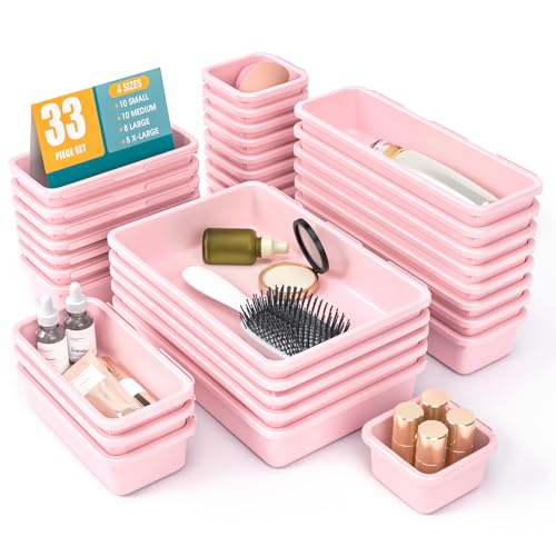 33 PCS Drawer Organizer Set, 4 Size Makeup Drawer Divider Organizer With Non-Slip Pads, Interlocking Plastic Storage Bins for Office,Jewelry Vanity,Gadgets, Bathroom,Kitchen, Pink - color: Pink, size: 33Pack