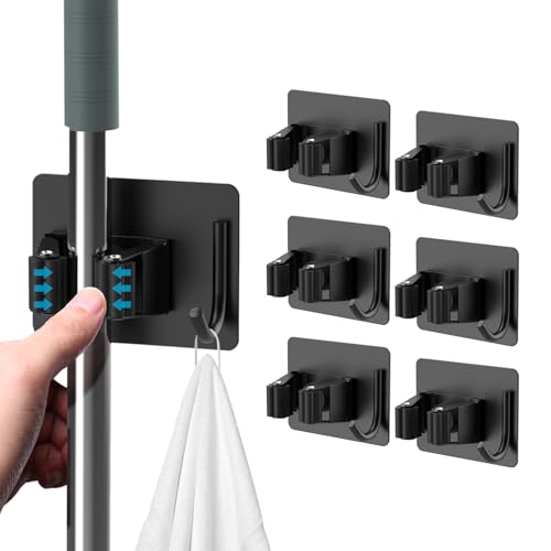 homeasy Mop Broom Holder No Drill, Mop Broom Organizer Wall Mounted Heavy Duty with Hooks Hanger, Self Adhesive Stainless Steel 6Pcs for Bathroom, Kitchen, Office (Black) - color: Black