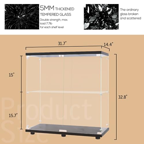 GDJAASJI Glass Display Cabinet with Lock, Fast Installation Curio Cabinets with 5mm Tempered Glass Floor Standing Bookshelf for Living Room (35.35" D x 31.69" W x 14.37" H, White) - color: 2-door 2-shelf, Black