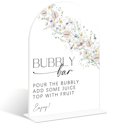 Bubbly Bar Sign Arch Acrylic Wedding Sign, Mimosa Bar Supplies, Wild Flower Bridal Shower Decorations, 6x8" Floral Table Signs for Wedding Reception Bachelorette Engagement Party Decor - color: Bubbly Bar