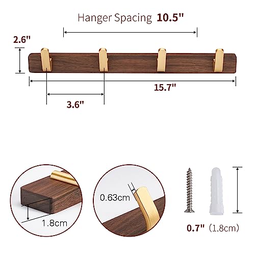 Wall Mounted Coat Rack, Entryway Hanging Coat Rack, Metal Wood Coat Rail with 4 Rustic Hooks Rail for Coat, Scarf, Bag, Towel, Key, Cap, Hat, Walnut Gold Matt - size: 4 Hooks - Curve Shape