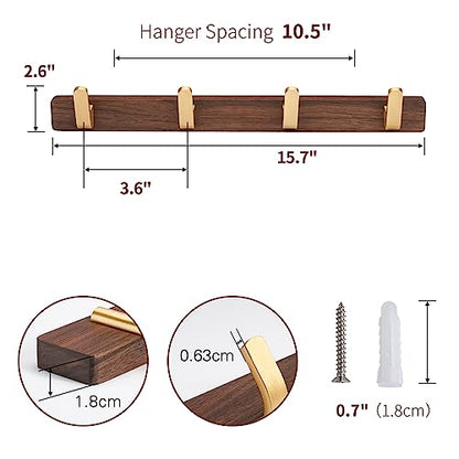 Wall Mounted Coat Rack, Entryway Hanging Coat Rack, Metal Wood Coat Rail with 4 Rustic Hooks Rail for Coat, Scarf, Bag, Towel, Key, Cap, Hat, Walnut Gold Matt - size: 4 Hooks - Curve Shape