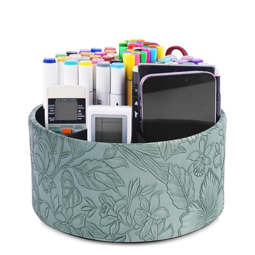 Remote Control Holder, 360°Spinning PU Leather Desk TV Remote Caddy,Desk Storage Box Room Accessories for Controller, Media,Mail,Calculator, Mobile Phone,Pencil(1-Carved Green2) - color: 1-Big Carved Green2