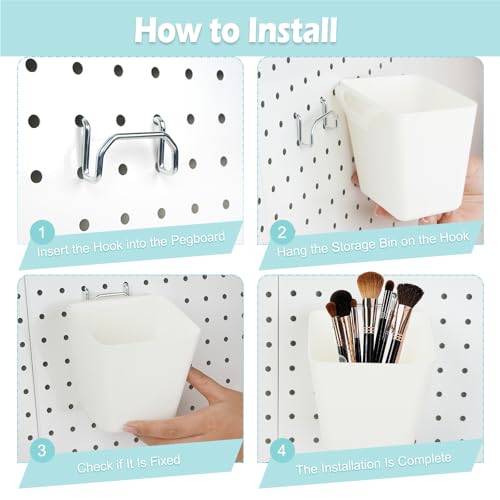8 Pack Large Pegboard Bins with Hooks, Square Box Shape Peg Board Cups and Peg Board Accessories for Craft Room, Playroom, Office, Garage, and Wall Mount Organization (White) - color: White