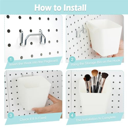 8 Pack Large Pegboard Bins with Hooks, Square Box Shape Peg Board Cups and Peg Board Accessories for Craft Room, Playroom, Office, Garage, and Wall Mount Organization (White) - color: White