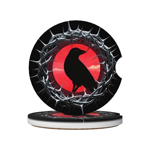Thorns Crow Sunset Car Cup Holder Coasters 2 Pack Universal 2.63 Inch Anti Slip Ceramic Absorbent Coaster with Cork Base and Finger Notch Cute Car Accessories Interior for Women - color: Silver