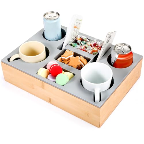 Yerliker Couch Cup Holder Tray, Silicone Lining Couch Caddy Waterproof Anti-spill Sofa Cup Holder for Bed Car Seat Organizer, Hold Mugs, Drinks, Snacks, Phones, Remotes(Rectangle,Grey,Bamboo) - color: Grey, size: Bamboo