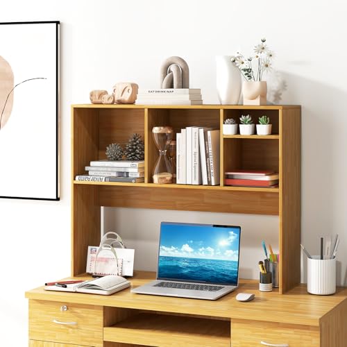 Giantex Desktop Bookshelf, Countertop Storage Hutch with 4 Shelves for Computer Desk, Dressing Tabletop Display Rack, Multipurpose Desk Hutch Storage Organizer for Home Office Dorm (Burlywood) - color: Burlywood, size: 4 Shelves (28.5"H)