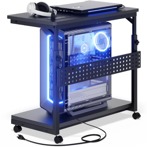 Besiost Computer Tower Stand with Outlets, PC Stand for Floor, 24" | 4 Levels Manual Height Adjustable PC Stand for Carpet Under Desk, Rolling Computer Cart with Wheels, Carbon Fiber Black - size: 24"