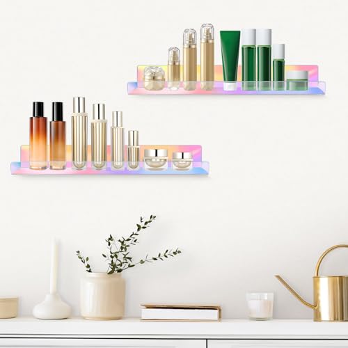 Dezzer 6 Pack Acrylic Shelves for Wall, 15" Acrylic Floating Shelves for Bathroom Bedroom, Invisible Bookshelf Wall Ledge Storage Shelf Books Perfume Toys Action Figure Display Shelves, Iridescent - style: 15 inch 6-pack Rainbow