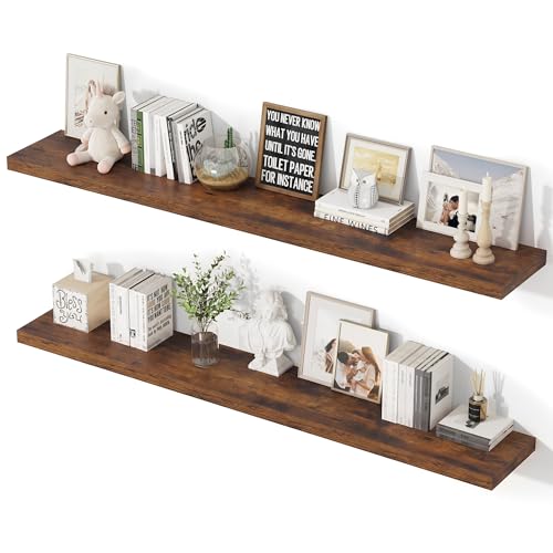 55 Inch Floating Shelves, 12 Inch Deep Floating Shelves for Wall, Extra Deeper & Thicker Wooden Wall Shelf with Invisible Brackets, Shelf for Bedroom Home Decor（Rustic Brown, Set of 2） - color: Rustic Brown, size: 55"W x 12"D x 2"H, Set of 2