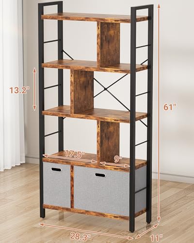 Armocity Bookshelf with Drawers - 5 Tier Tall Bookcase Geometric Modern Book Shelf Display Standing Bookshelves with Storage for Living Room, Bedroom Home Office, Rustic Brown - color: Rustic Brown