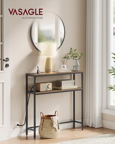 VASAGLE Console Table with Power Outlet, 2-Tier Narrow Sofa Table with 2 Shelves, 7.9 x 31.5 x 31.5 Inches, for Living Room, Hallway, Entryway, Rustic Brown and Ink Black ULNT135K01 - color: Rustic Brown + Ink Black, size: 31.5"W - With Power Outlet