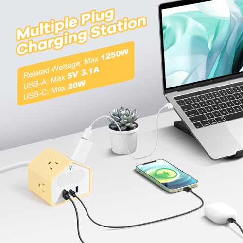 Handy Power Strip with Night Light - Yolk-Yellow Power StripOverload Protection Plug- 20W USB C Charging Station - 4 Outlets + 3 USB Ports for Desk, Nightstand, Couch, Makeup, Electronic Accessories - color: Yolk-Yellow