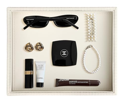 HofferRuffer Faux Leather Vanity Tray, Elegant Desktop Storage Organizer, Decorative Catchall for Perfume, Bathroom Valet, Nightstand or Dresser, 10.2 x 8.4 x 1.8 inches (CreamWhite Stripe) - color: Creamwhite Stripe, size: 10.2" x 8.4" x 1.8"