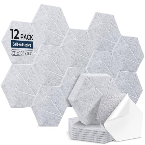 12 Pack Hexagon Acoustic Panels, 12" x 10" x 0.4" High-Density Sound Proof Panels for Walls, Self-Adhesive Acoustic Wall Panels for Studio, Home, Office, SilverGray - color: Triangular grooves - SilverGray, size: Hexagon - 12 Pack